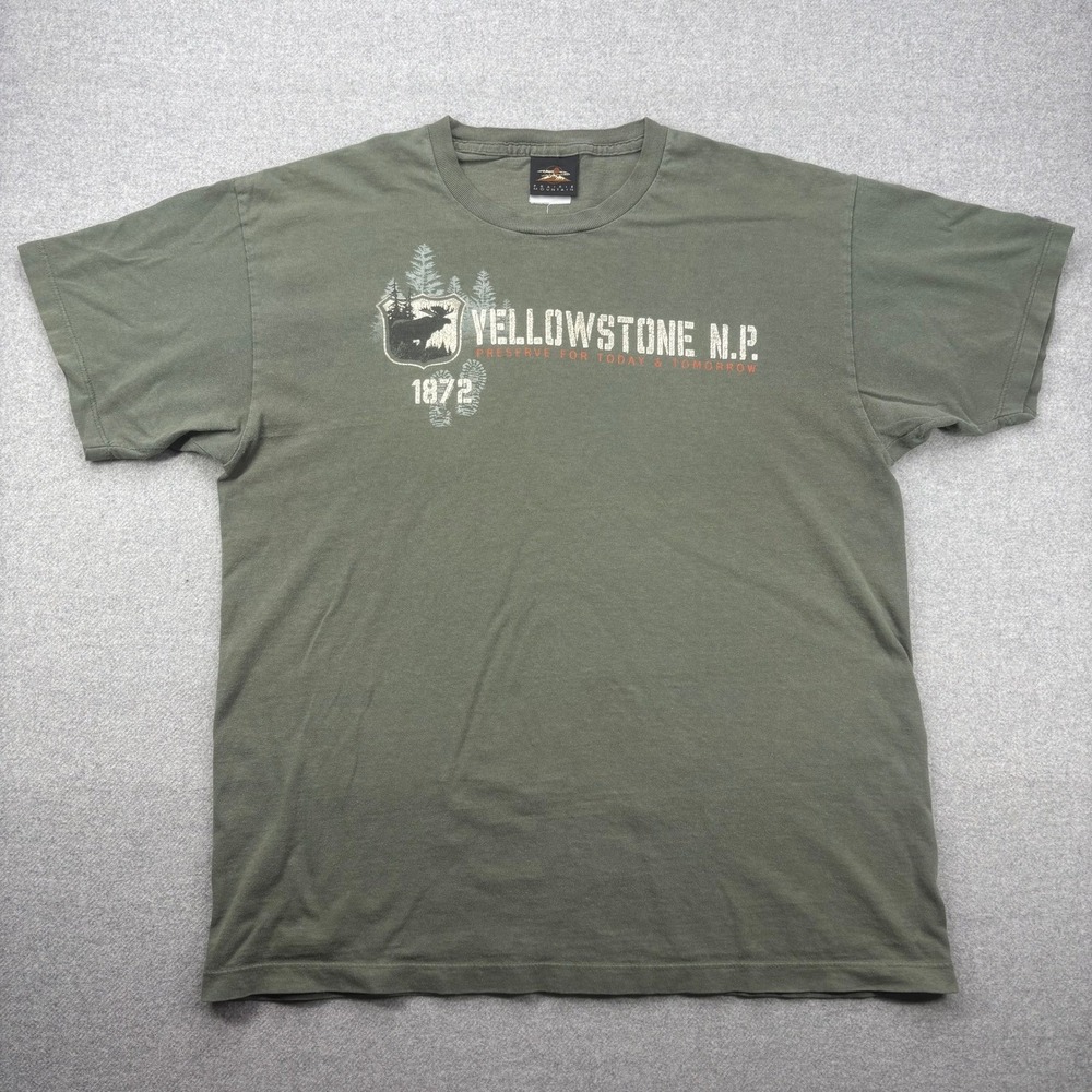 Vintage Y2K Yellowstone National Park T-Shirt Mens L Olive Destination Tee *FLAW
